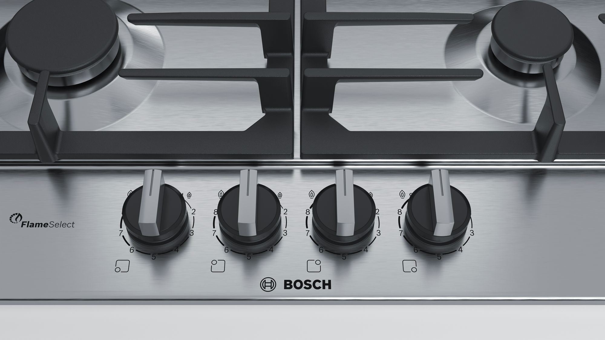 Plaque gaz BOSCH Série 6 4 foyers Flameselect 60cm Inox - PCP6A5B90 Plaque gaz BOSCH Série 6 4 foyers Flameselect 60cm Inox - PCP6A5B90