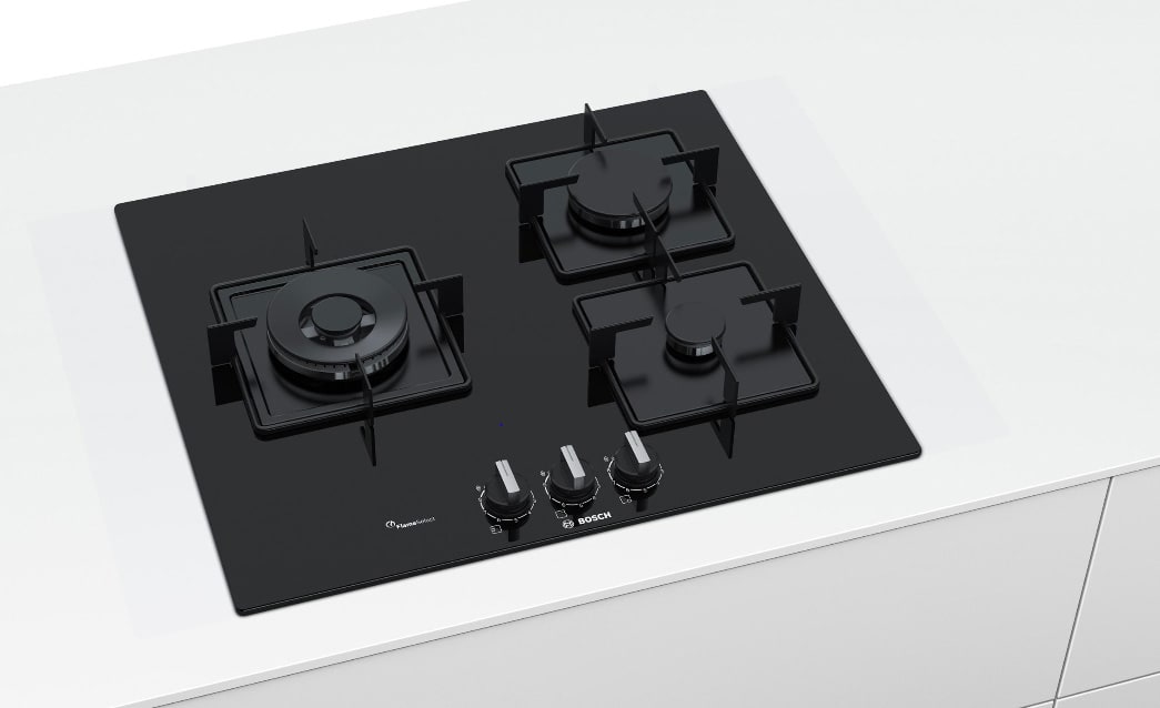 BOSCH Plaque gaz Série 6 3 Foyers FlameSelect 60cm Noir