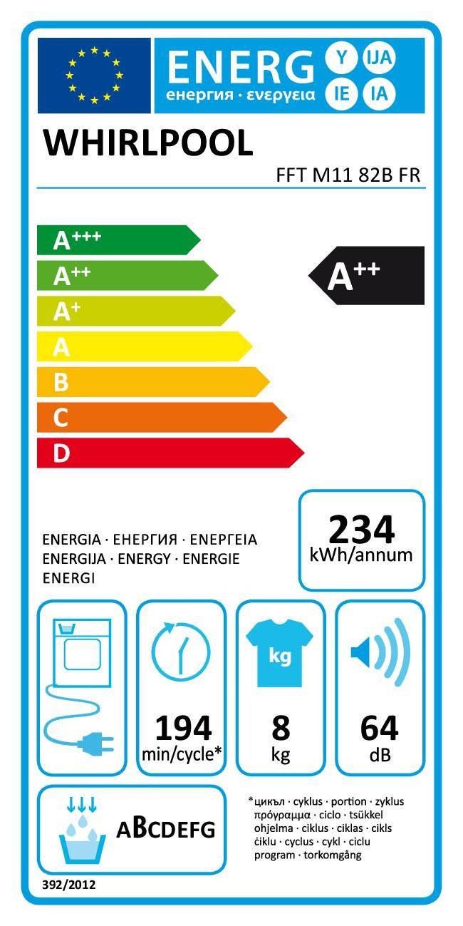 Sèche linge Condensation WHIRLPOOL , 6ème sens, Fresh Care +, 8kg, Blanc - FFTM1182BFR