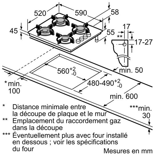 Plaque gaz SIEMENS iQ100, 4 bruleurs, 7400W, 60cm, Noir - EO6B6PB10
