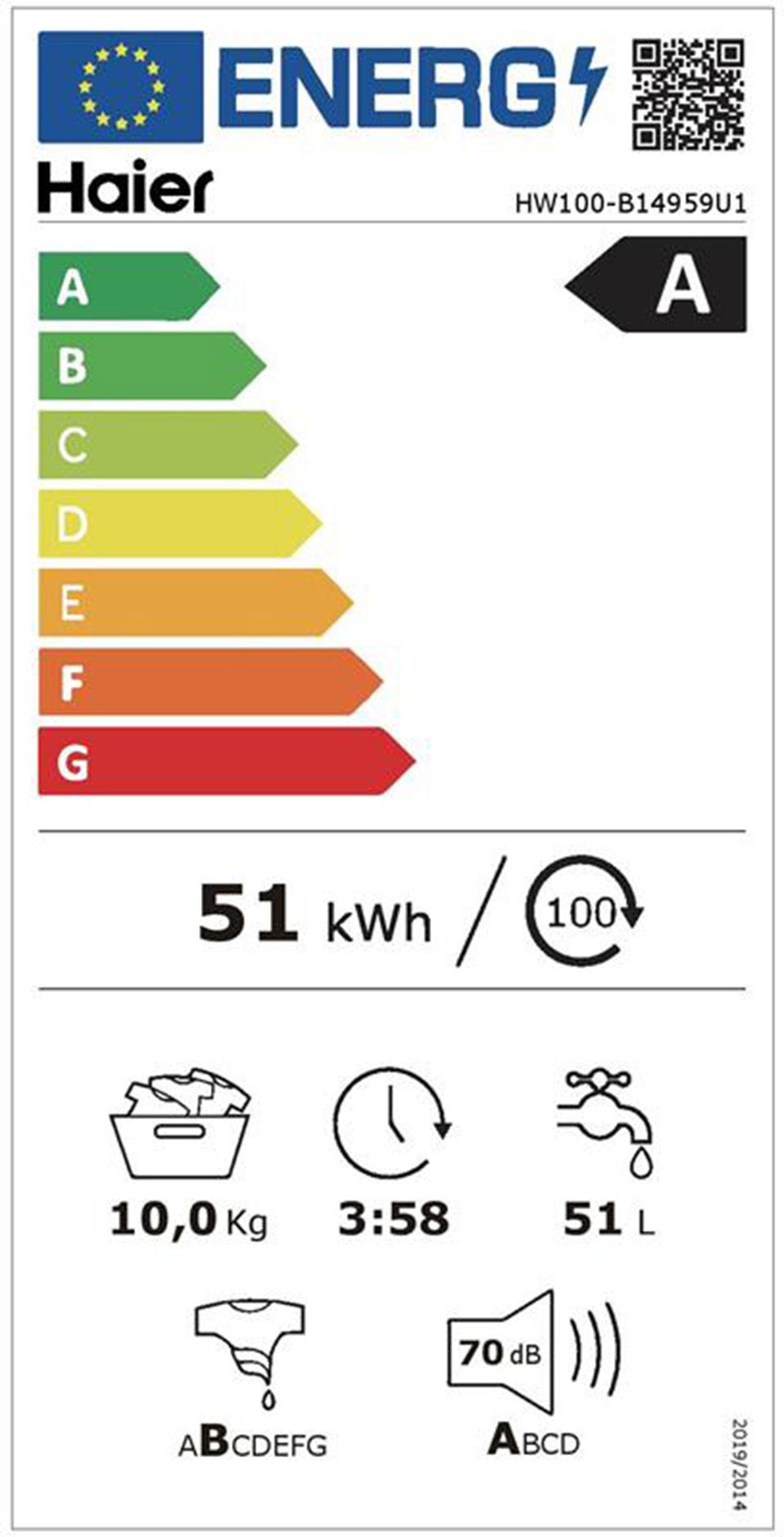 Lave linge Frontal HAIER 10kg 1400trs/min Blanc - HW100B14959U1