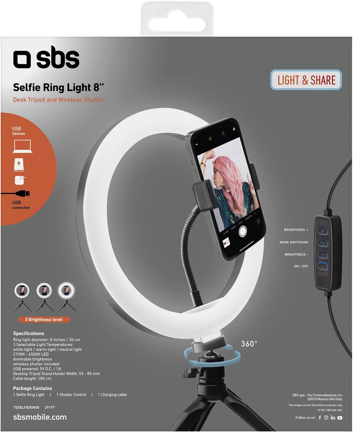 SBS Perche à selfie Anneau lumineux pour selfie de  20cm sur trépied - ANNEAU-LUMINEUX20CM