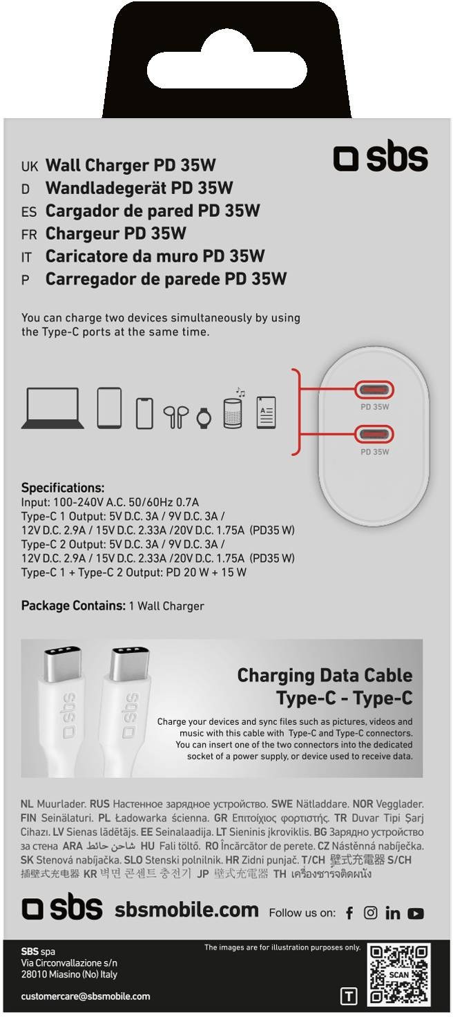 SBS Chargeur secteur Chargeur mural Power Delivery 35 W avec deux sorties USB-C - CHARG-PD35W-2USBC