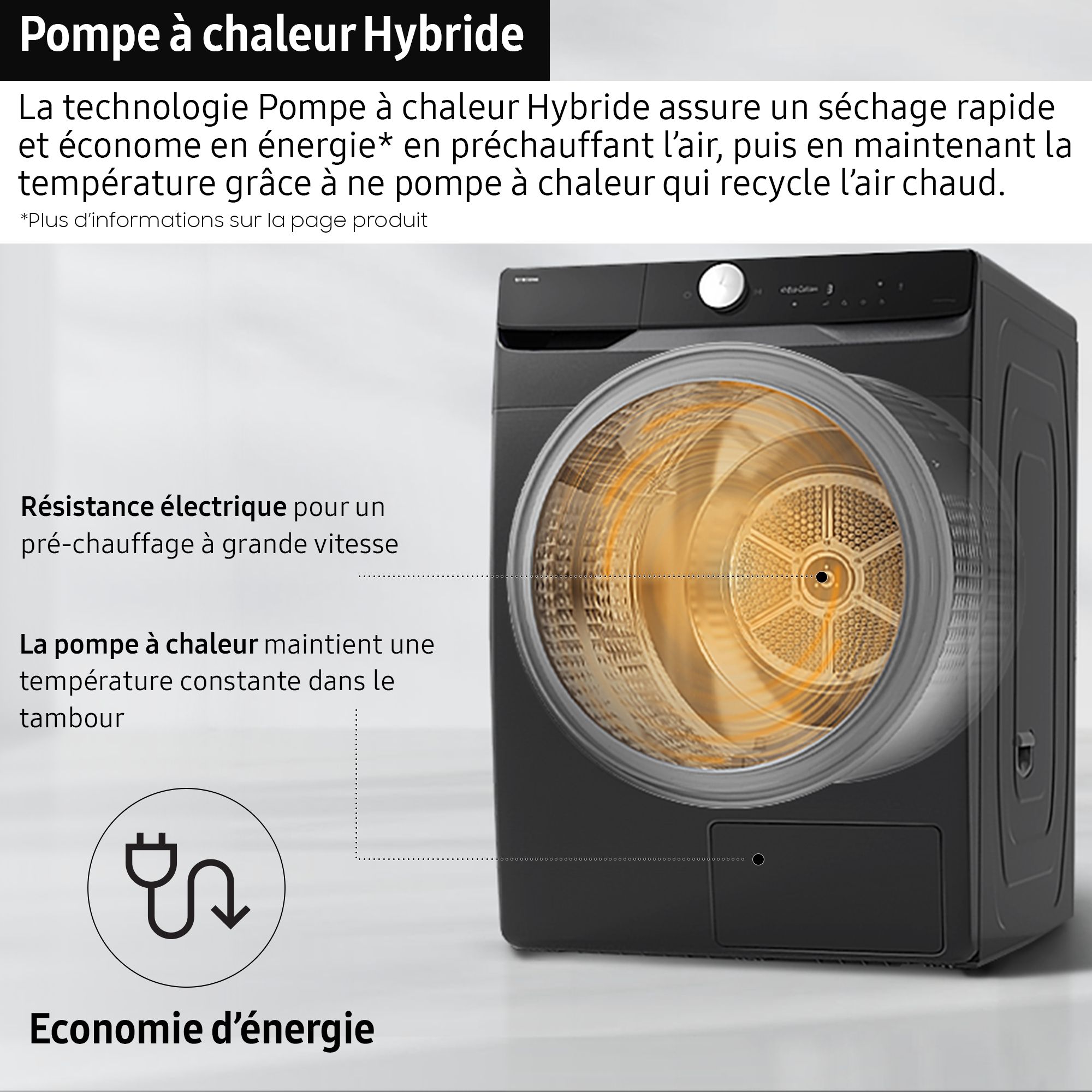 Sèche-linge pompe à chaleur SAMSUNG 9kg Moteur induction Connecté Noir - DV90DG6845LBU3