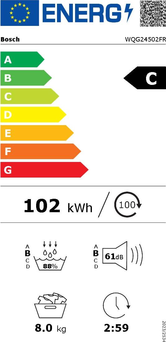 Sèche-linge pompe à chaleur BOSCH 8kg Moteur induction Blanc - WQG24502FR