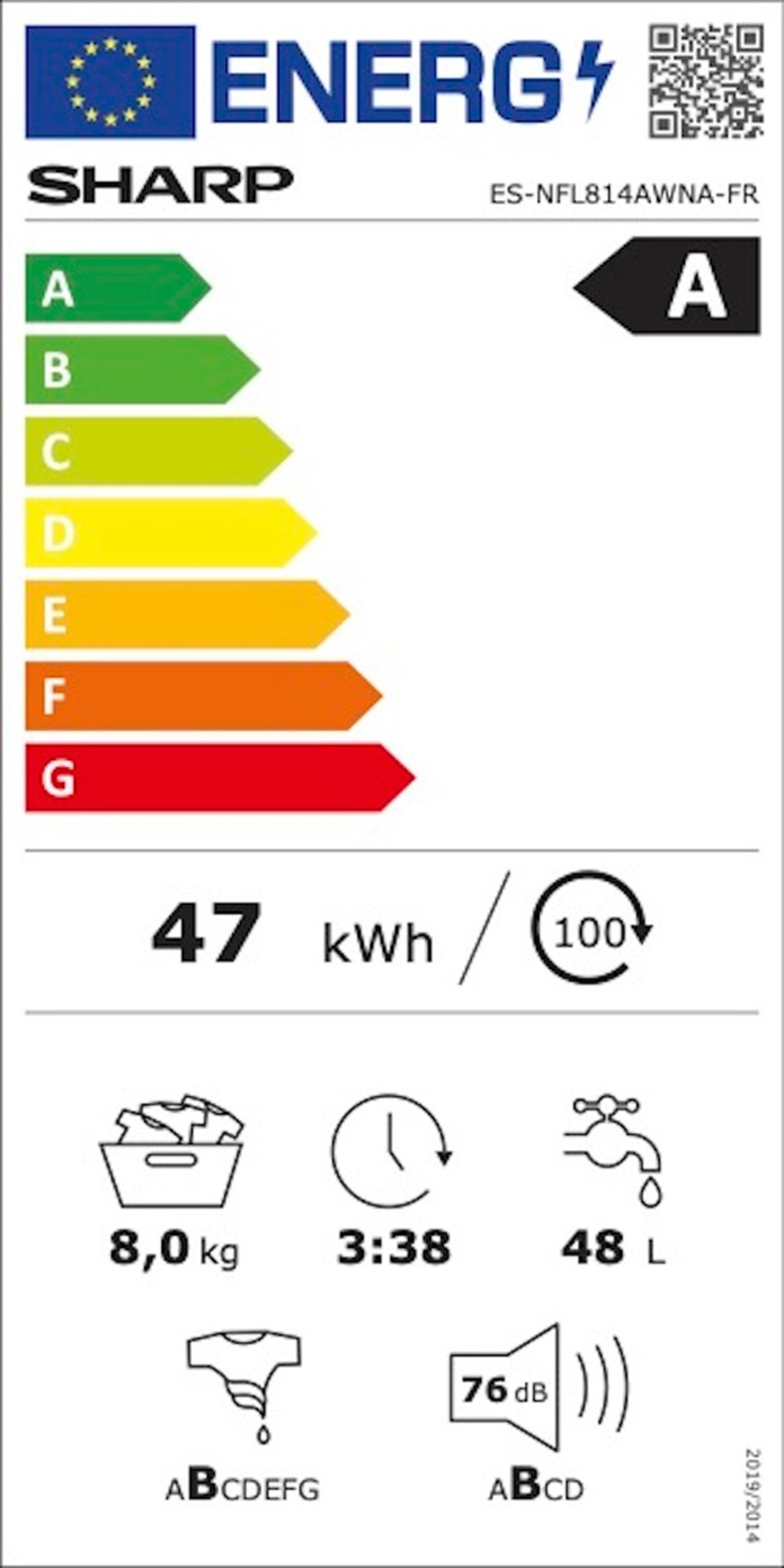 Lave linge Frontal SHARP  - ESNFL814AWNA