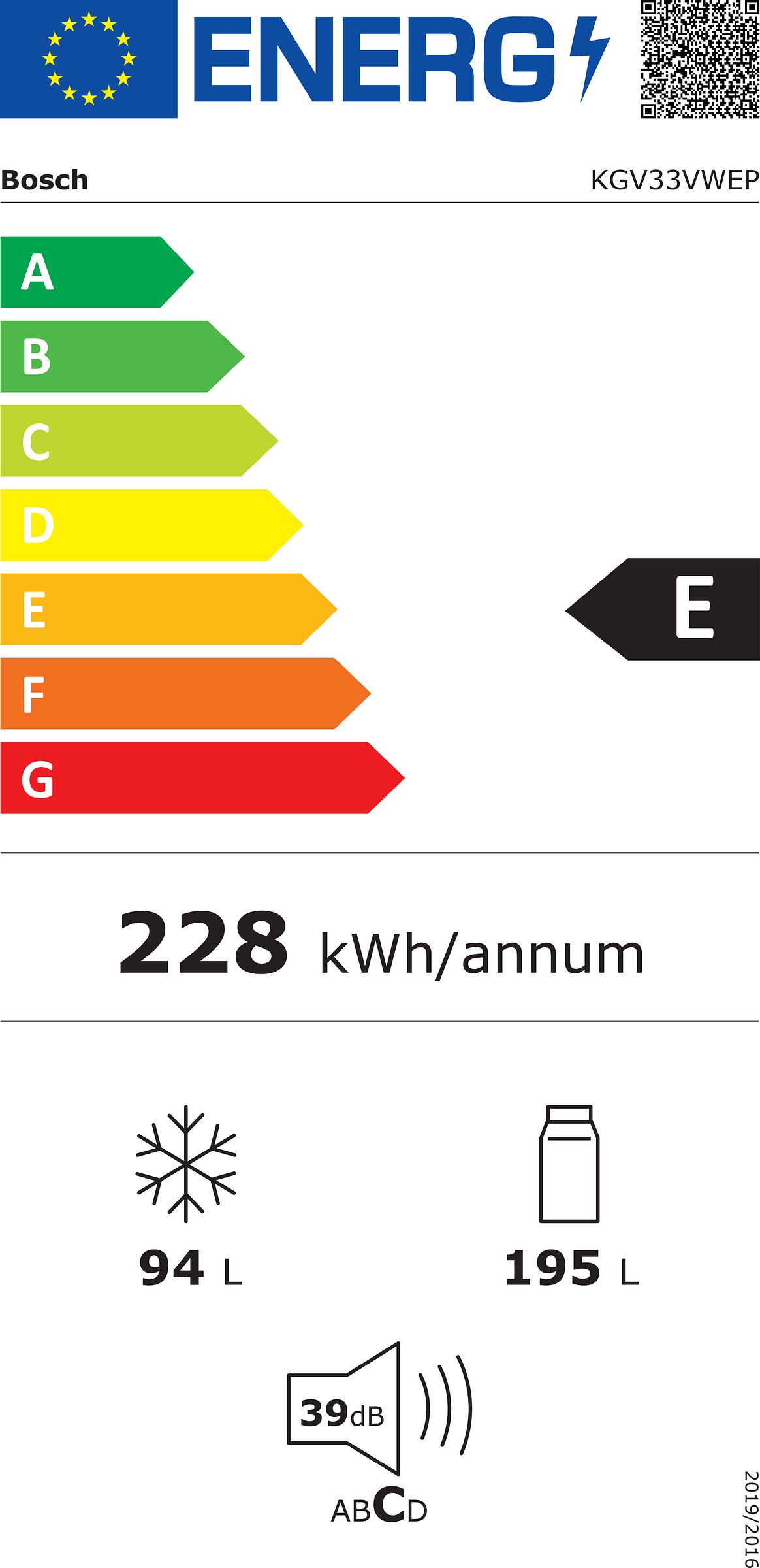 Réfrigérateur congélateur bas BOSCH 289L Froid statique Blanc - KGV33VWEP