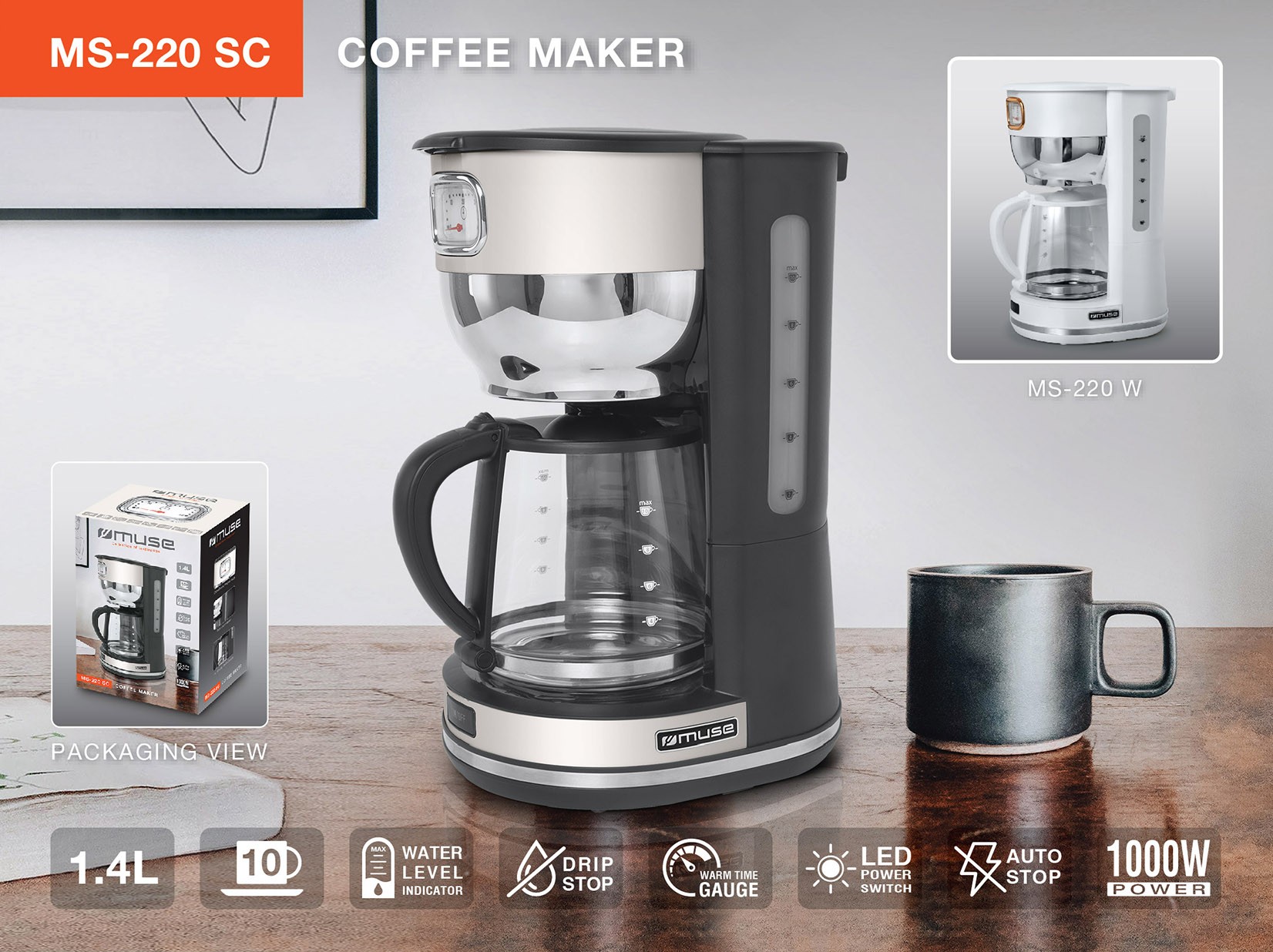 Cafetière MUSE à filtre, 1,4L, Crème - MS-220SC