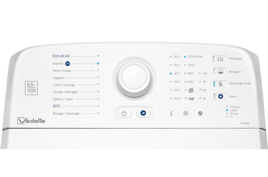 Lave linge Top VEDETTE 9 programmes 1200 trs/mn 79 dB 6kg - VT16522
