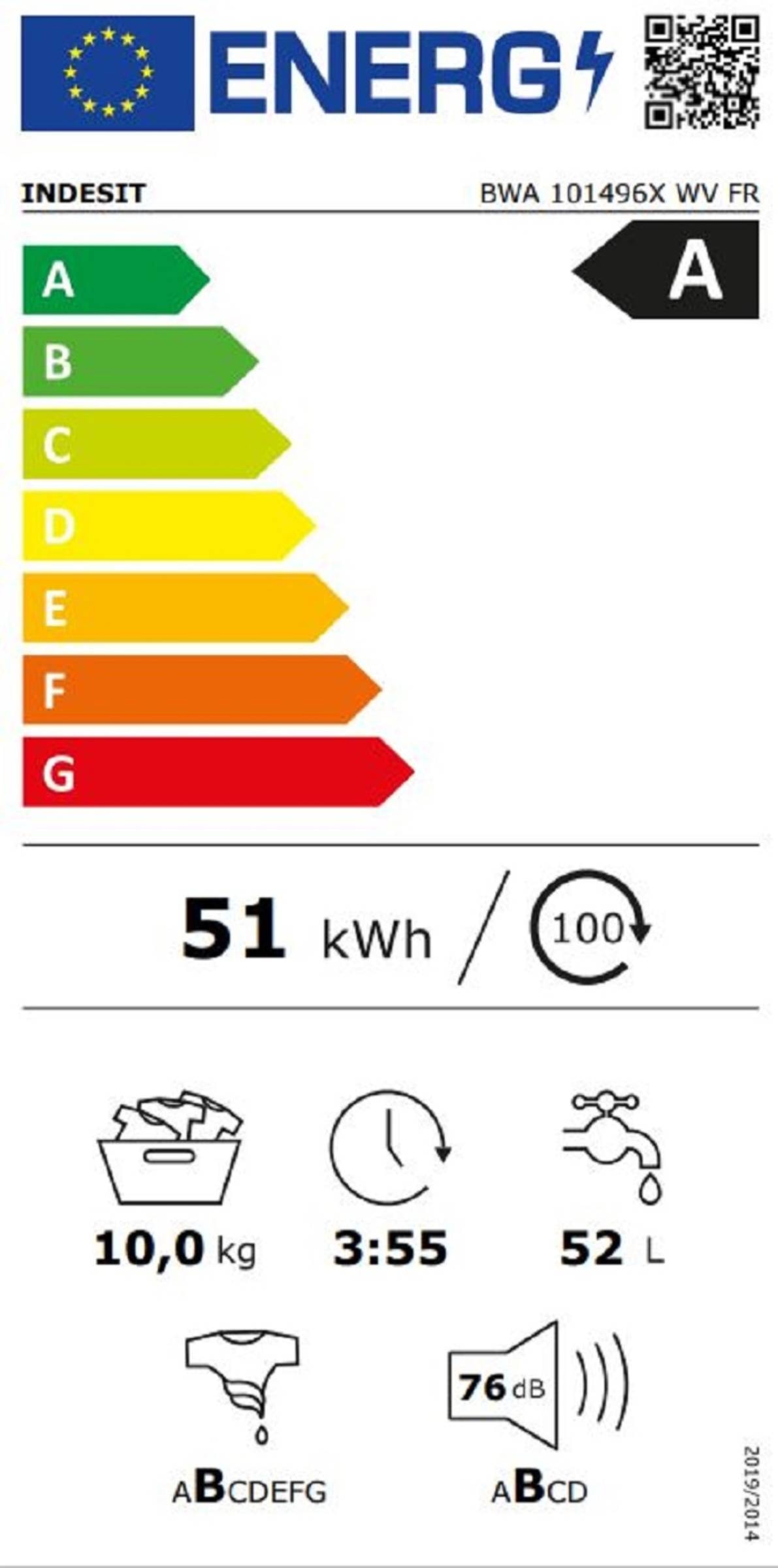 Lave linge Frontal INDESIT , 1400 trs/mn, 10kg, Blanc - BWA101496XWVFR Lave linge Frontal INDESIT , 1400 trs/mn, 10kg, Blanc - BWA101496XWVFR
