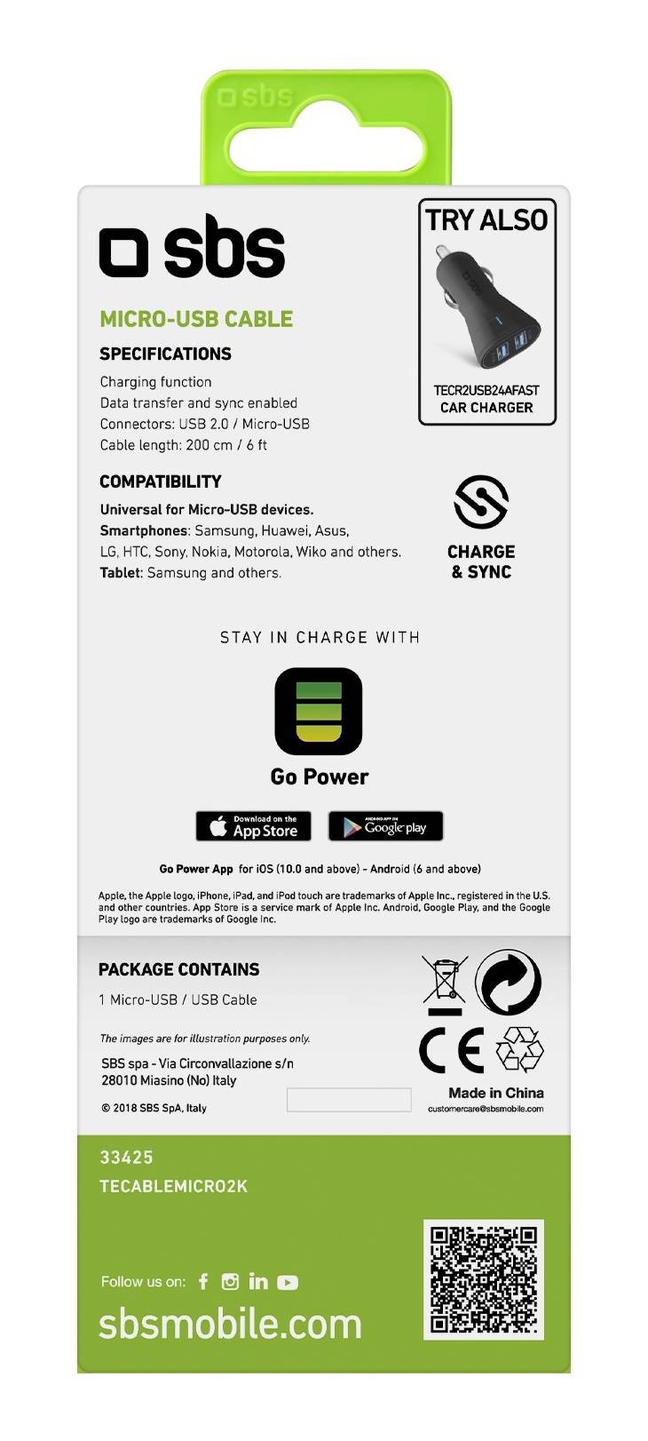 SBS Câble USB Câble de chargement USB 2.0 - Micro-USB - CABL-USB-MICROUSB-NR