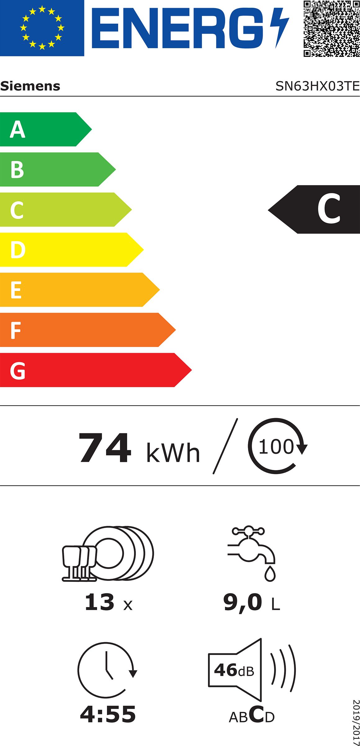 Lave vaisselle tout integrable 60 cm SIEMENS Connecté 13 couverts 46dB Noir - SN63HX03TE