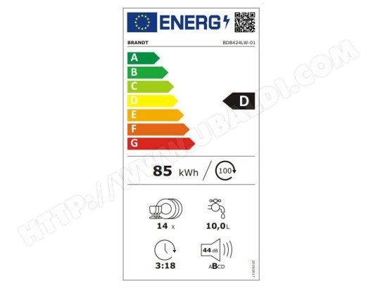 Lave vaisselle integrable 60 cm BRANDT AquaSafe 44dB 14 couverts  - BDB424LW