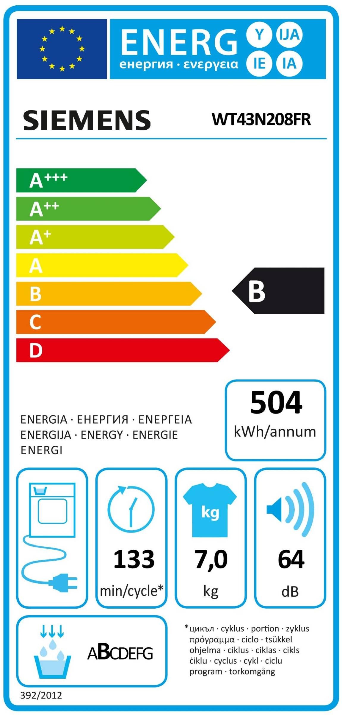 SIEMENS Sèche linge Condensation iQ300 autoDry 7kg - WT43N208FR