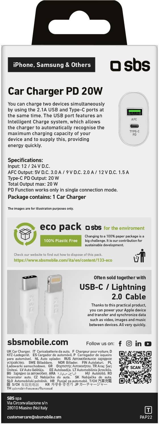 Chargeur allume cigare SBS Chargeur de voiture 20W  USB C + USB A - CHARGEURVOIT-20W