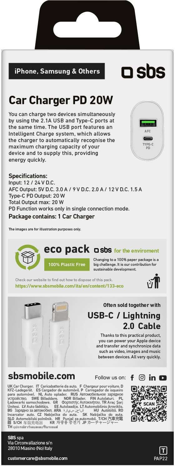 SBS Chargeur allume cigare Chargeur de voiture 20W  USB C + USB A - CHARGEURVOIT-20W