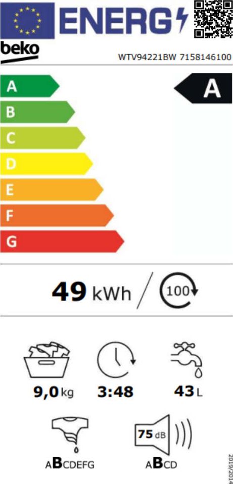 Lave linge Frontal BEKO 9kg 1400trs/min Blanc - WTV94221BW
