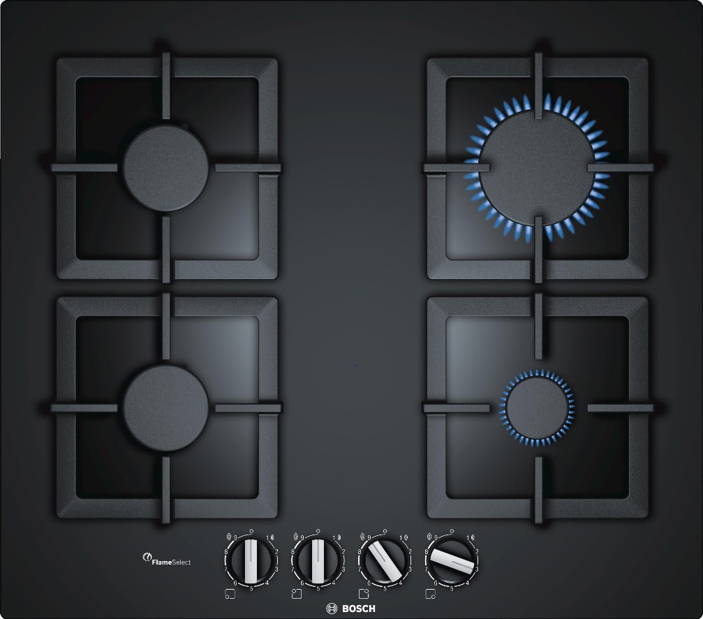 Plaque gaz BOSCH Série 6, 4 bruleurs, 7500W, 60 cm Noir PPP6A6B20