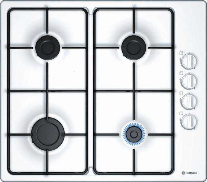 Plaque gaz BOSCH Série 2, 4 bruleurs, 7250W, 60cm, Blanc PBP6B2B80