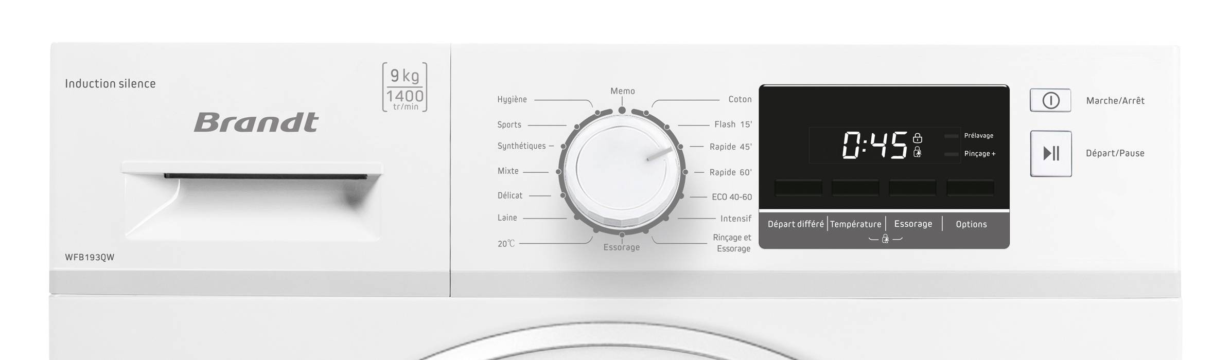 Lave linge Frontal BRANDT , 1400 trs/mn, 9 Kg, Blanc - WFB193QW