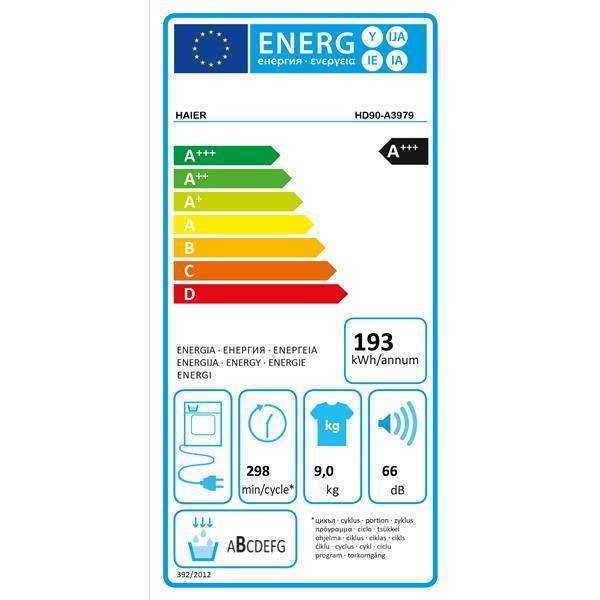 Sèche linge Condensation HAIER 14 programmes 66dB 9kg - HD90-A3979-FR Sèche linge Condensation HAIER 14 programmes 66dB 9kg - HD90-A3979-FR