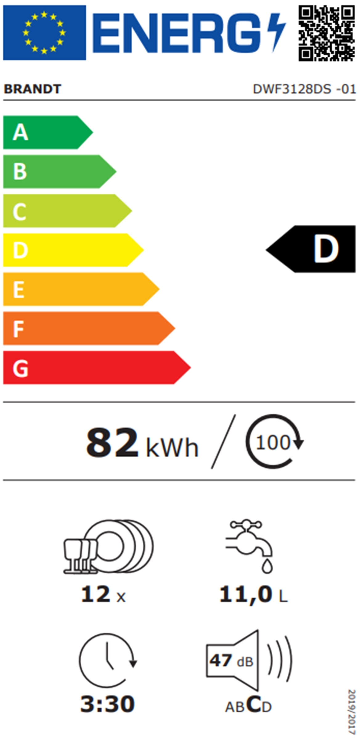 Lave vaisselle 60 cm BRANDT 14 couverts Ouverture auto porte 47dB Blanc - DWF3128DS