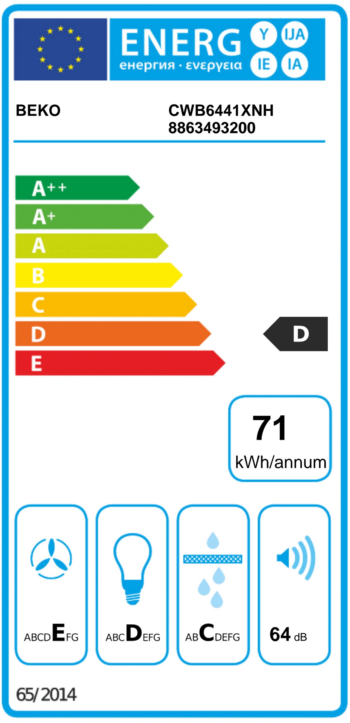 Hotte decorative murale BEKO 3 vitesses, 64db, 60cm, Gris - CWB6441-XNH