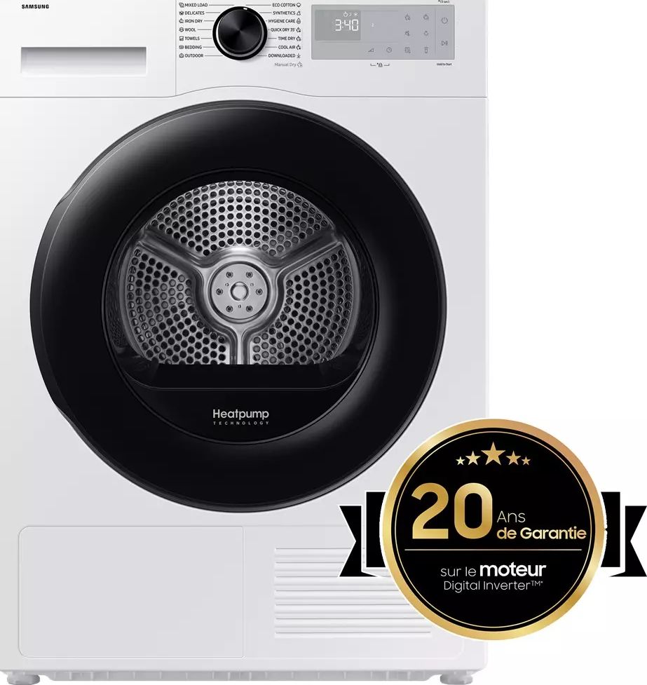 Sèche-linge pompe à chaleur SAMSUNG 9kg Moteur induction Optimal Dry Blanc DV90DG52A0AH