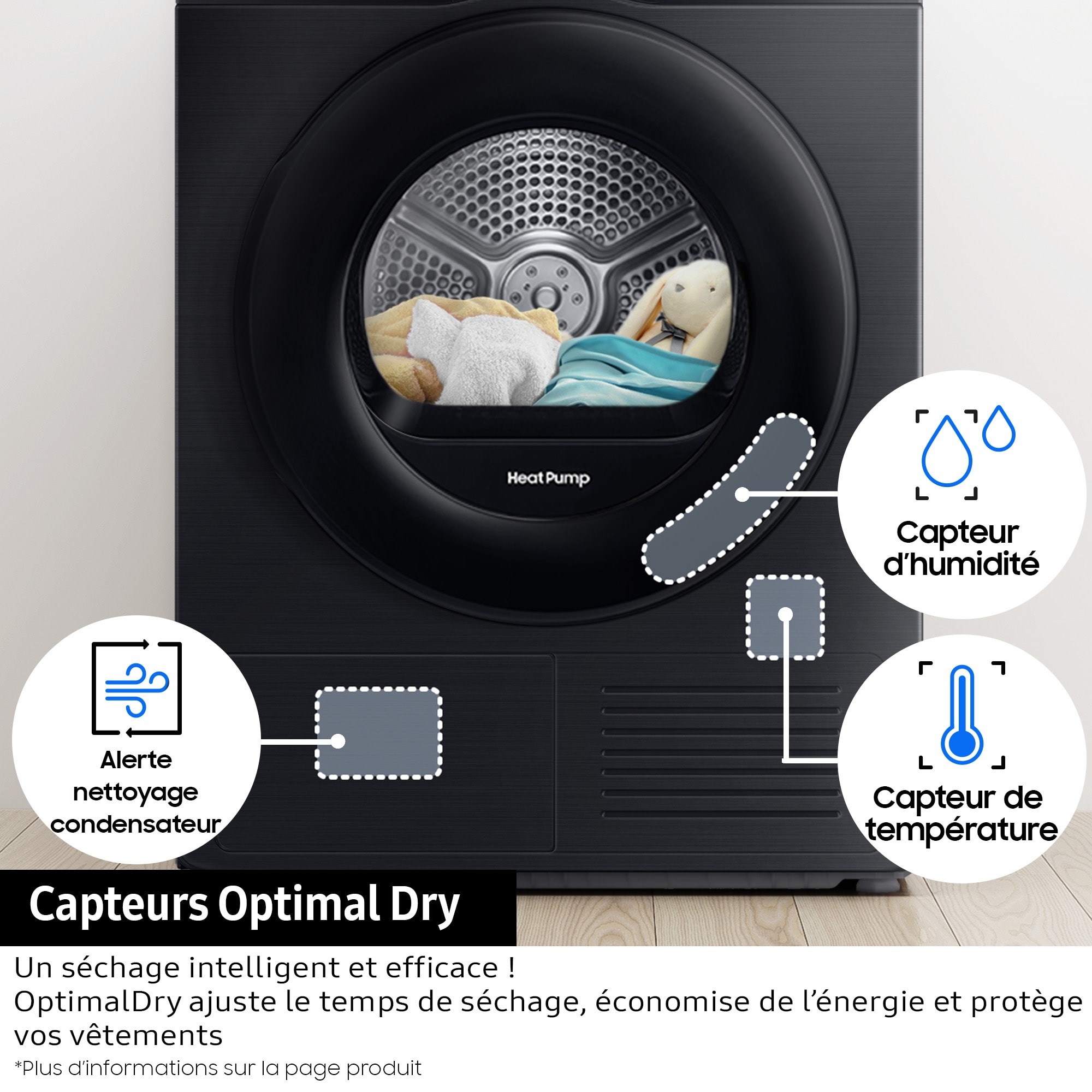 Sèche-linge pompe à chaleur SAMSUNG Optimal Dry 9kg 65 dB Blanc - DV90DG52A0TH