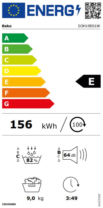 Sèche-linge pompe à chaleur BEKO 9kg Blanc - D3H19E01W