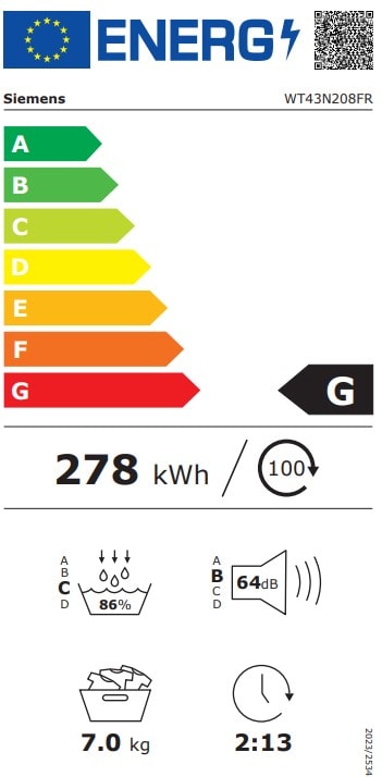 Sèche linge Condensation SIEMENS iQ300, autoDry, 7kg, Blanc - WT43N208FR
