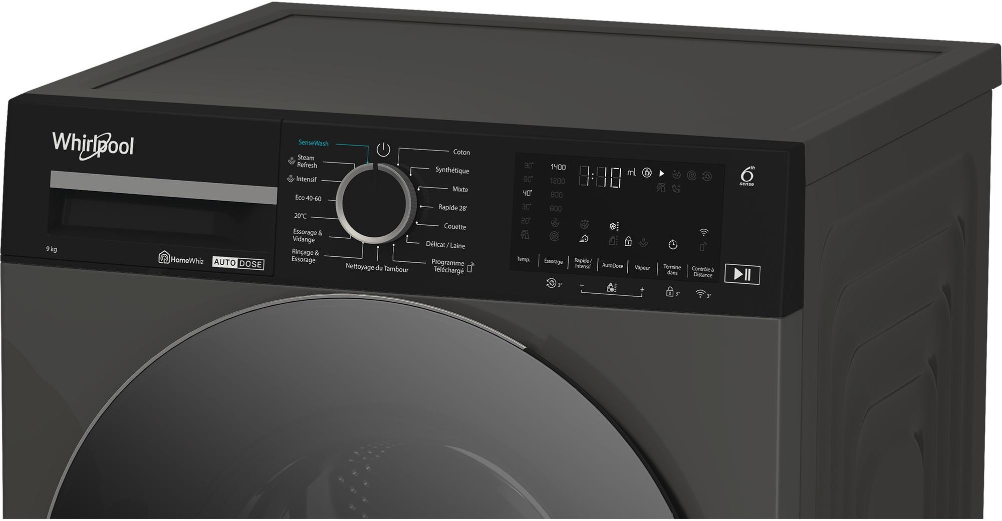 Lave linge Frontal WHIRLPOOL 1400 tr/min, 9Kg, Noir - WPM97GADSFR Lave linge Frontal WHIRLPOOL 1400 tr/min, 9Kg, Noir - WPM97GADSFR
