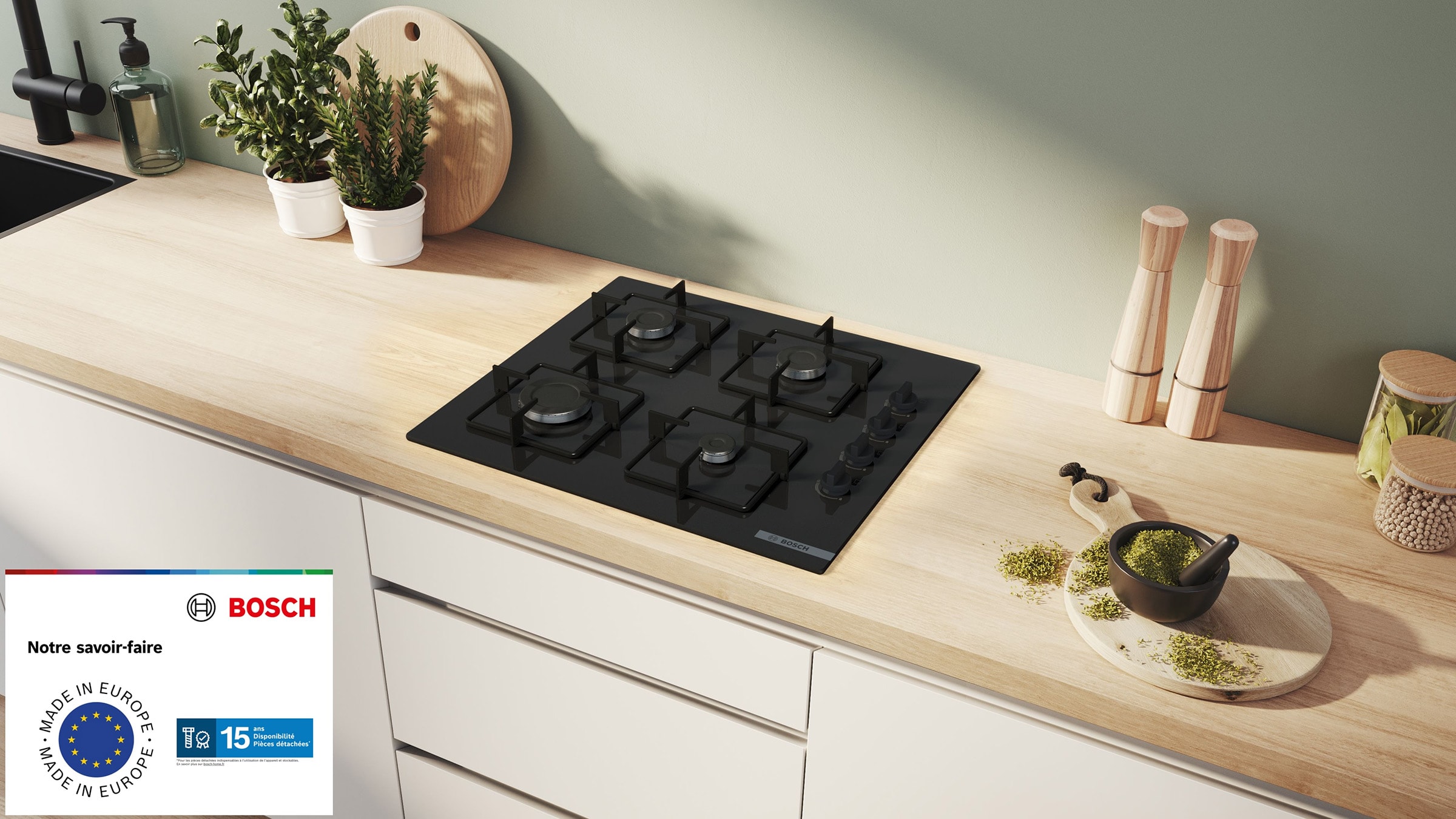 Plaque gaz BOSCH , 4 foyers, 7500W, 60 cm, Noir - POP6B6K30 Plaque gaz BOSCH , 4 foyers, 7500W, 60 cm, Noir - POP6B6K30