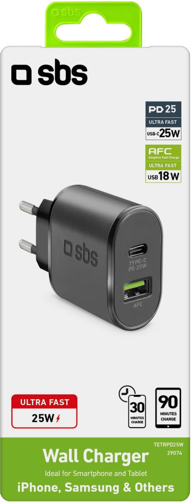 SBS Chargeur secteur Chargeur Power Delivery 25W USB C + USB A - CHARG-TYPEC-AFC