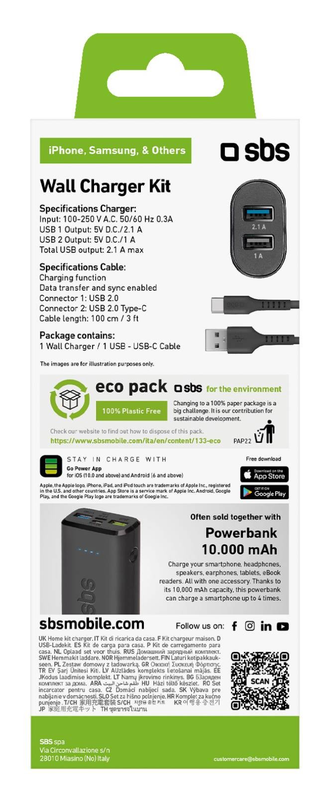 SBS Chargeur secteur Kit voyage USB de recharge avec câble de type C - CHARG+CABL-USB-TYPCC