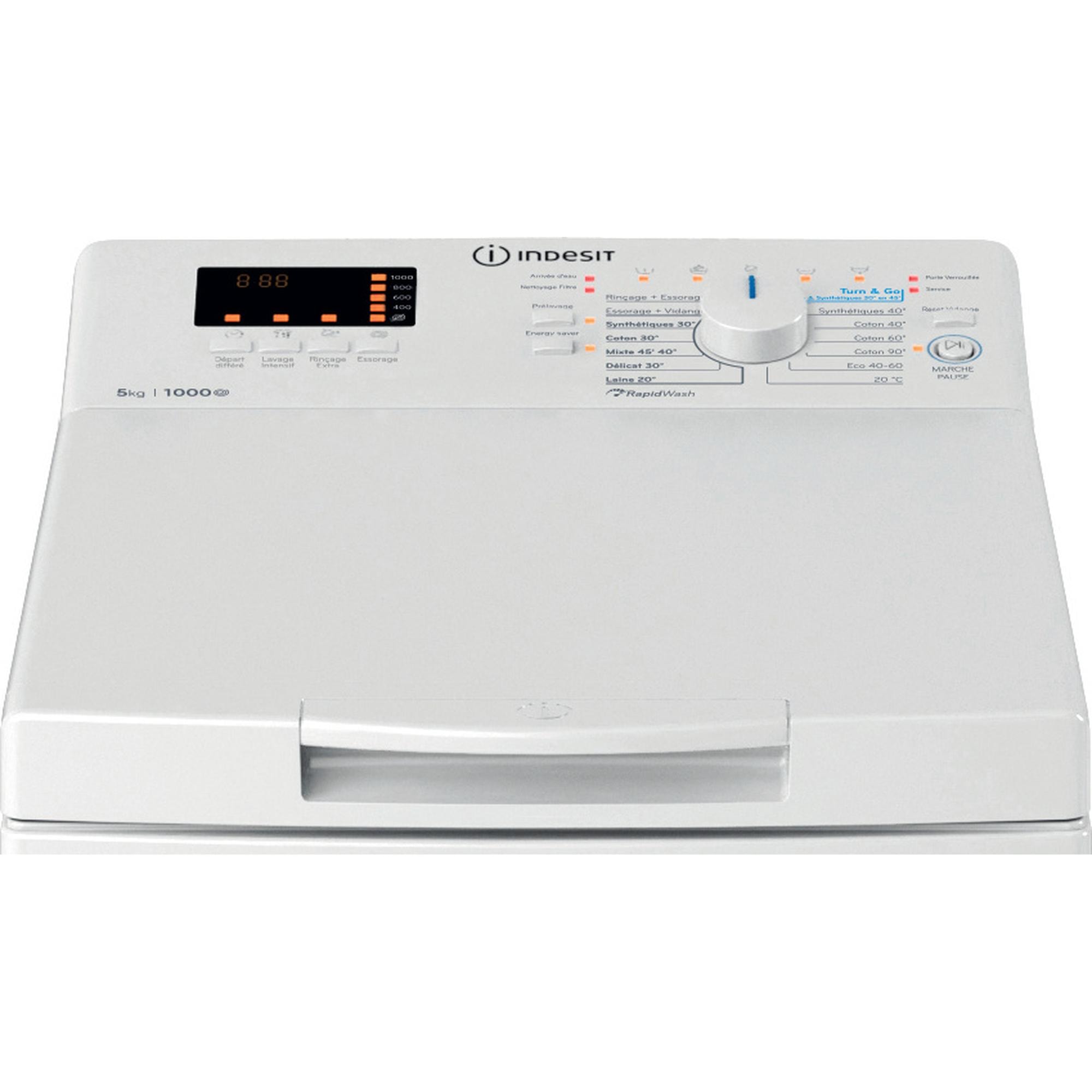 Lave linge Top INDESIT RapidWash, 1000 trs/mn, 5kg, Blanc - BTWS50400FR