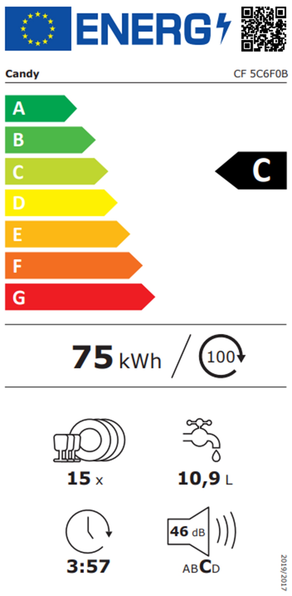 Lave vaisselle 60 cm CANDY Connecté 15 couverts 46dB Noir - CF5C6F0B