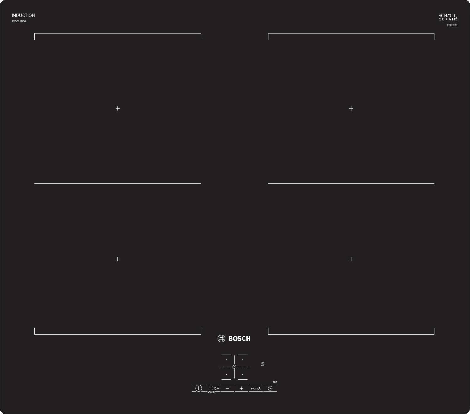 Plaque induction BOSCH Série 4, 4 foyers, 7400W, 60cm, Noir PVQ611BB6E