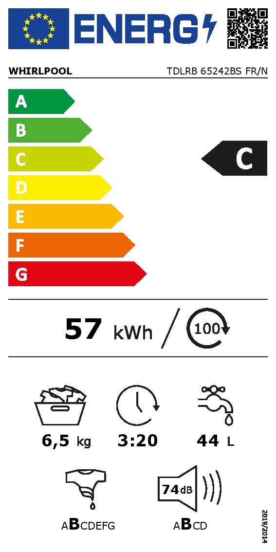 Lave linge Top WHIRLPOOL 6ème Sens Moteur Zen 1200 trs/mn 6.5kg - TDLRB65242BSFRN