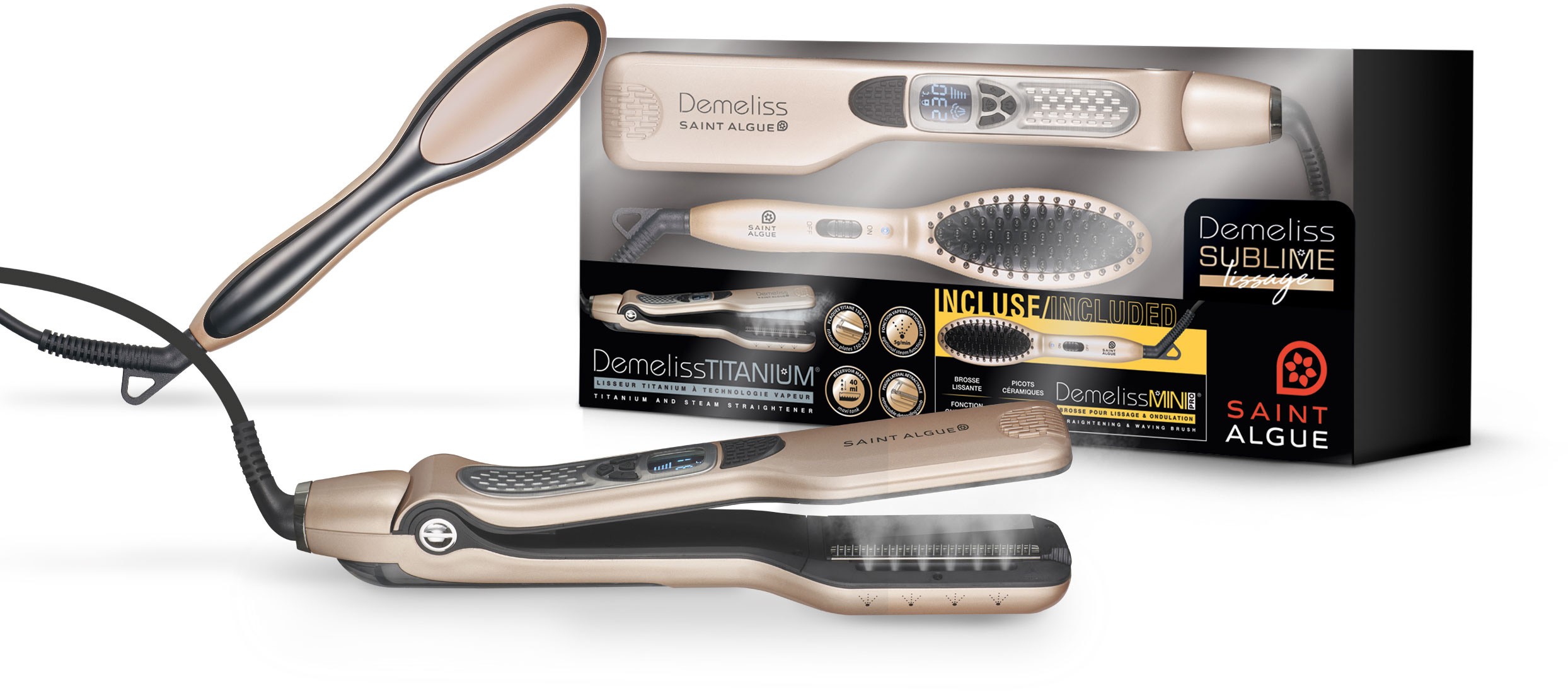 SAINT ALGUE Lisseur Titanium pro 3947 + mini brosse Demeliss  3947