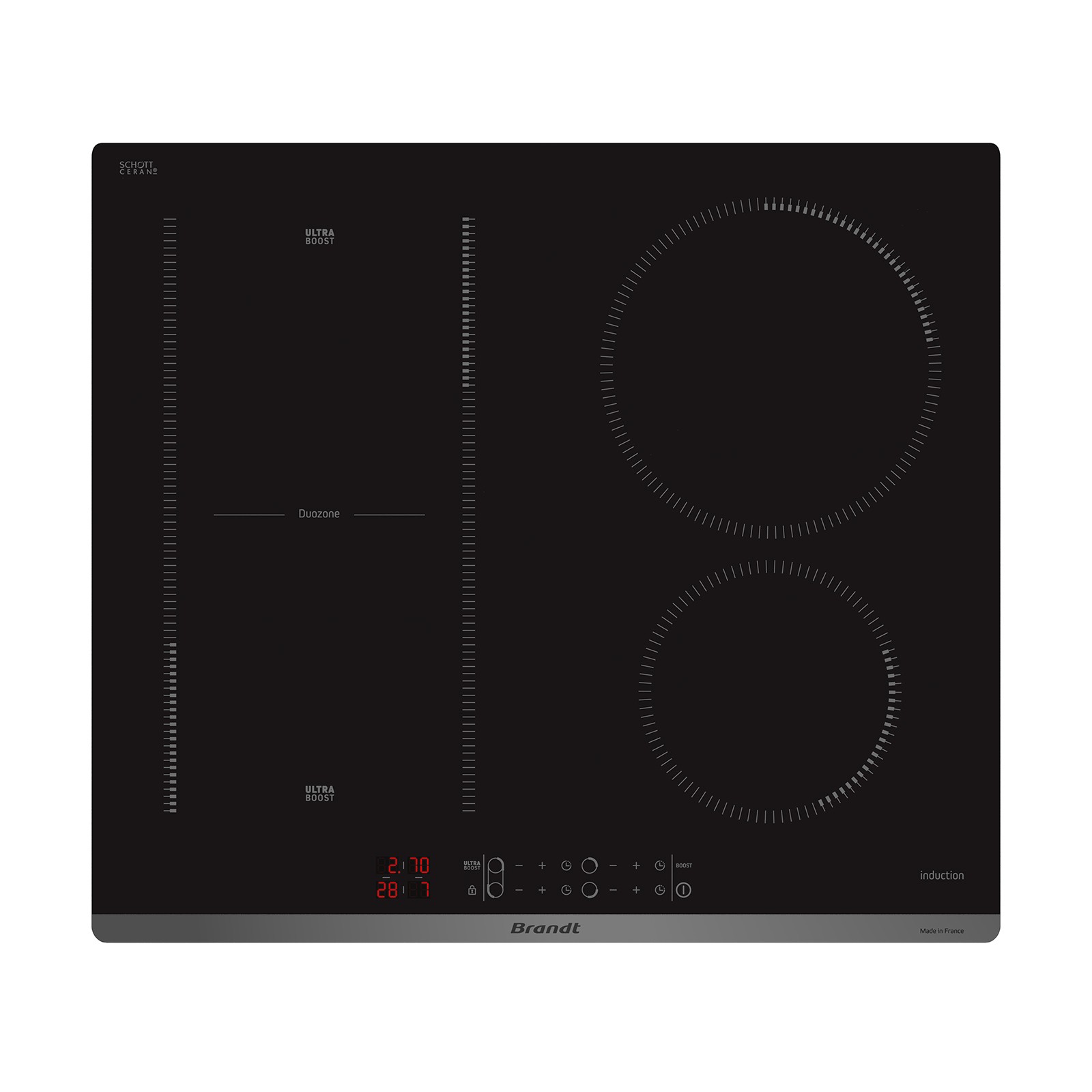 Plaque induction BRANDT 4 foyers, 3600W, 60cm, Noir - BPI6428UB