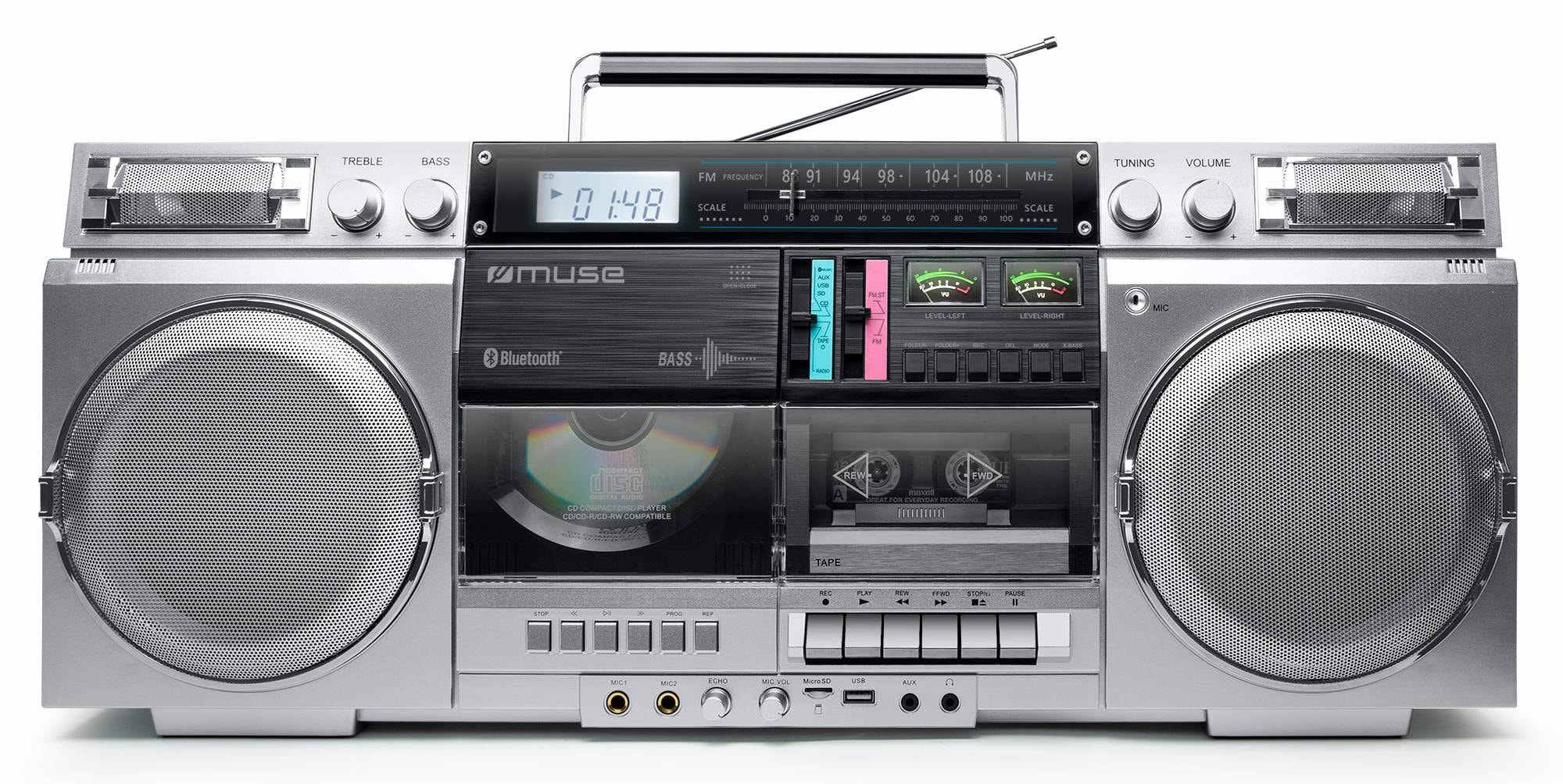 Micro chaîne hifi sans fil MUSE CD Bluetooth Radio USB Cassette 80W Gris M-380GBS