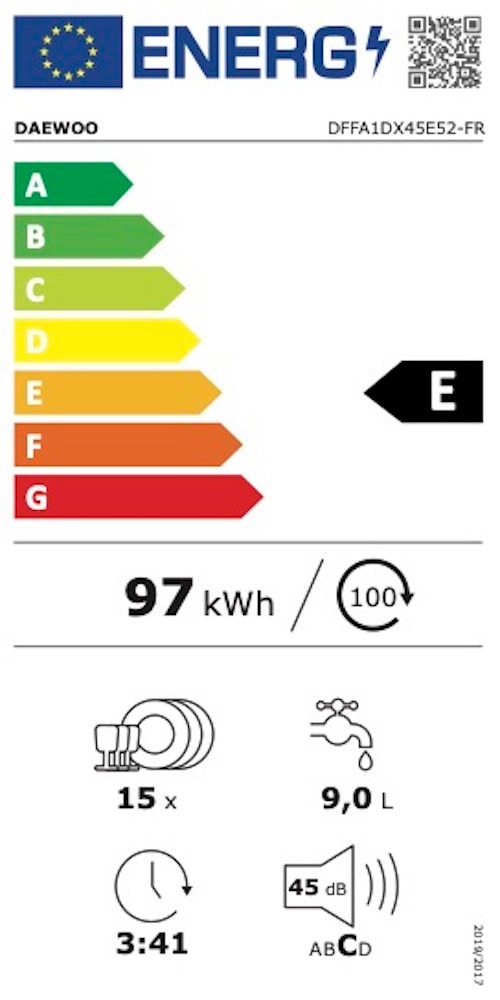 Lave vaisselle 60 cm DAEWOO 15 couverts 45dB Gris - DFFA1DX45E52