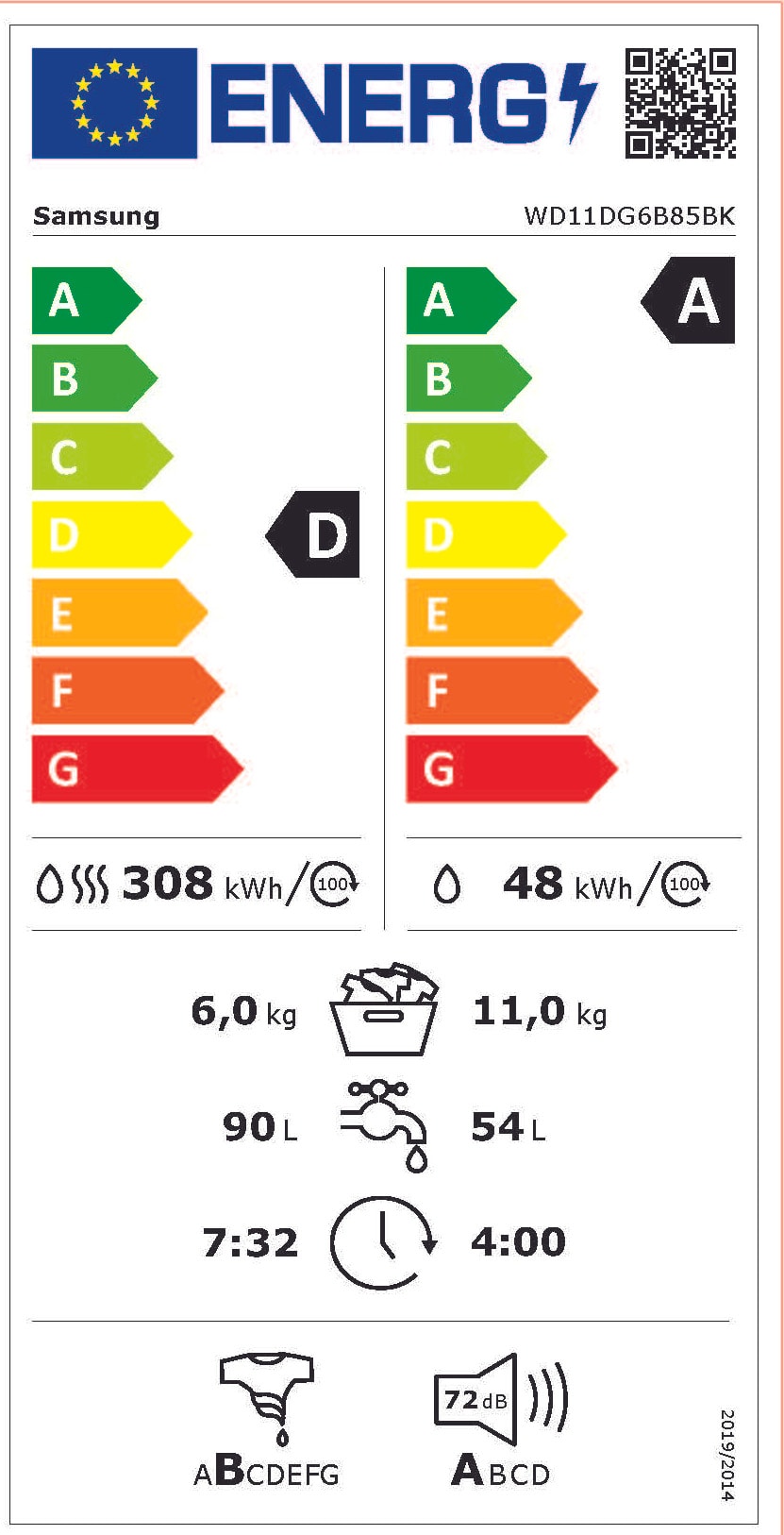 Lave linge sechant Frontal SAMSUNG 11kg 1400trs/min Blanc - WD11DG6B85BK
