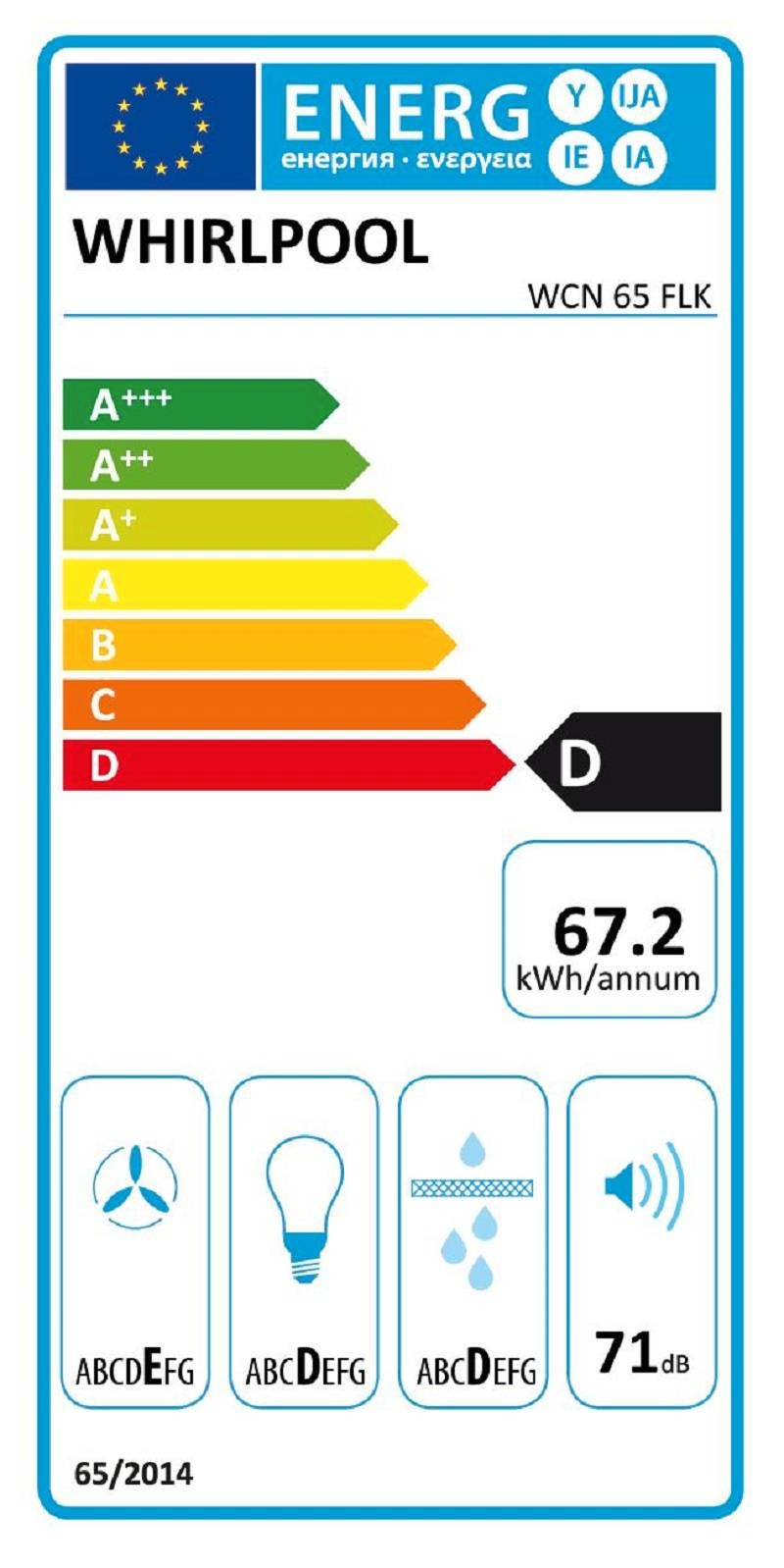 Hotte casquette WHIRLPOOL , 3 vitesses, 71db, 60cm, Noir - WCN65FLK Hotte casquette WHIRLPOOL , 3 vitesses, 71db, 60cm, Noir - WCN65FLK