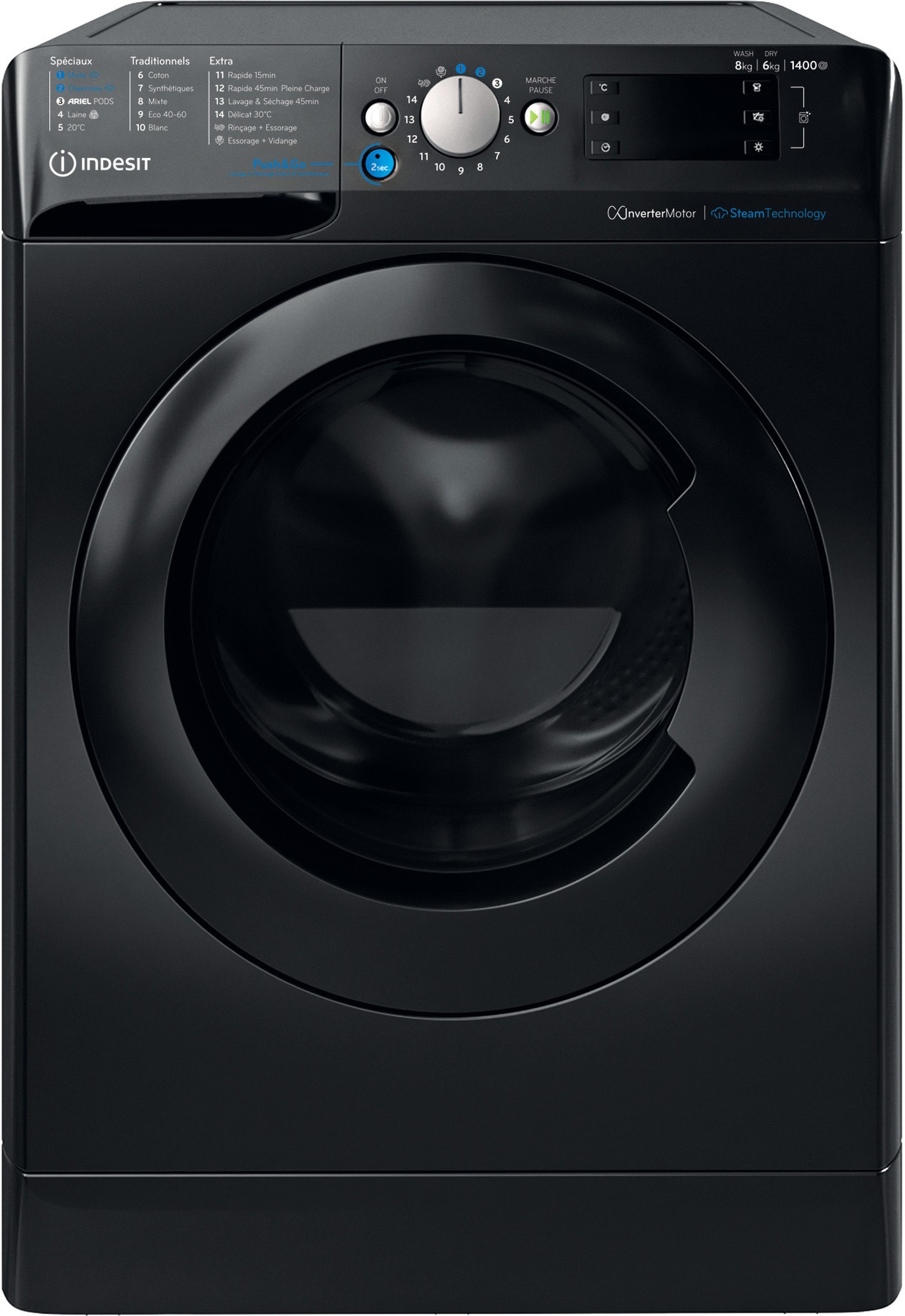 Lave linge sechant Frontal INDESIT 8/6kg 1400trs/min Noir BDE86435BKVFR